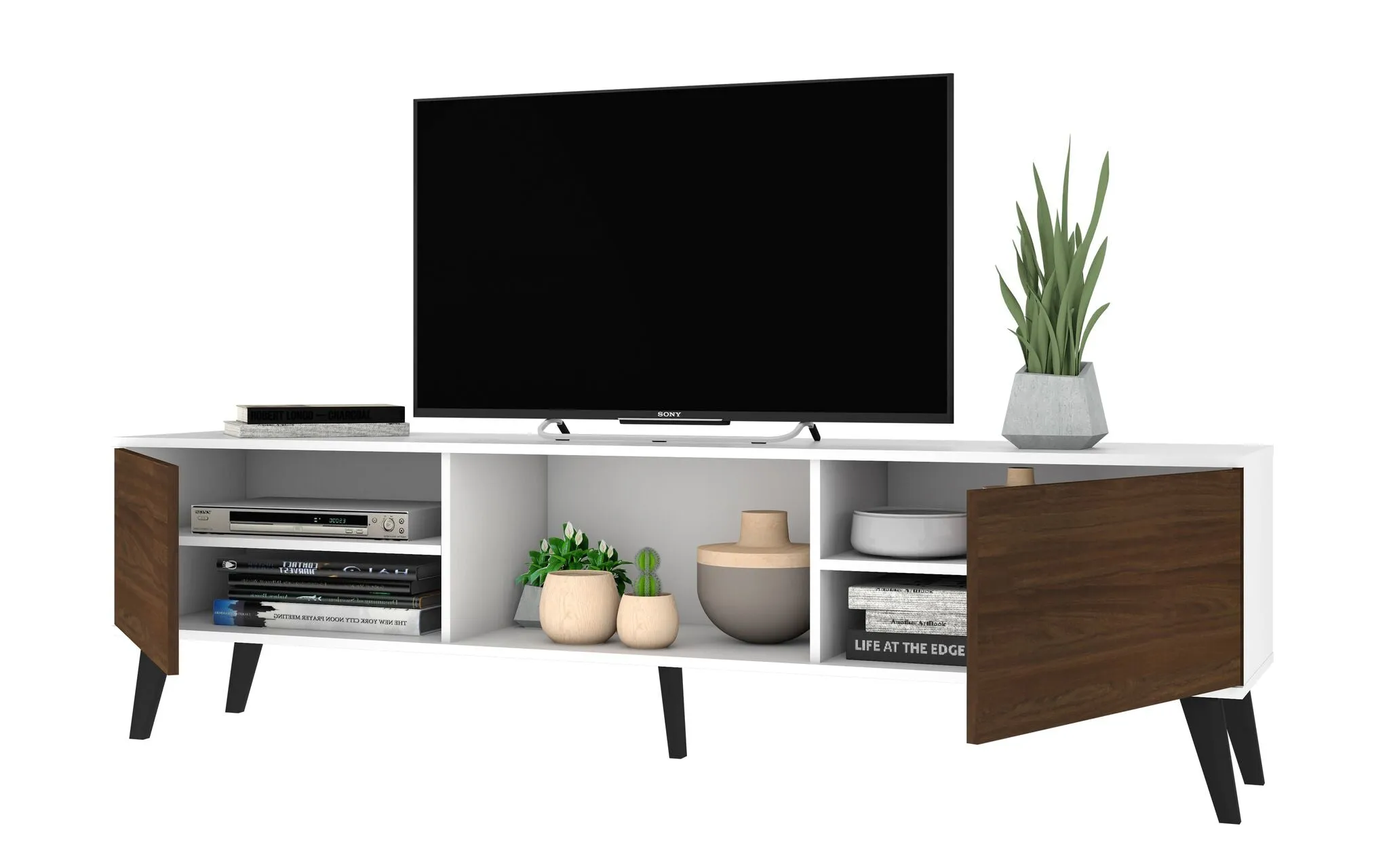 Doyers 70.87 Mid-Century Modern TV Stand in White and Nut Brown