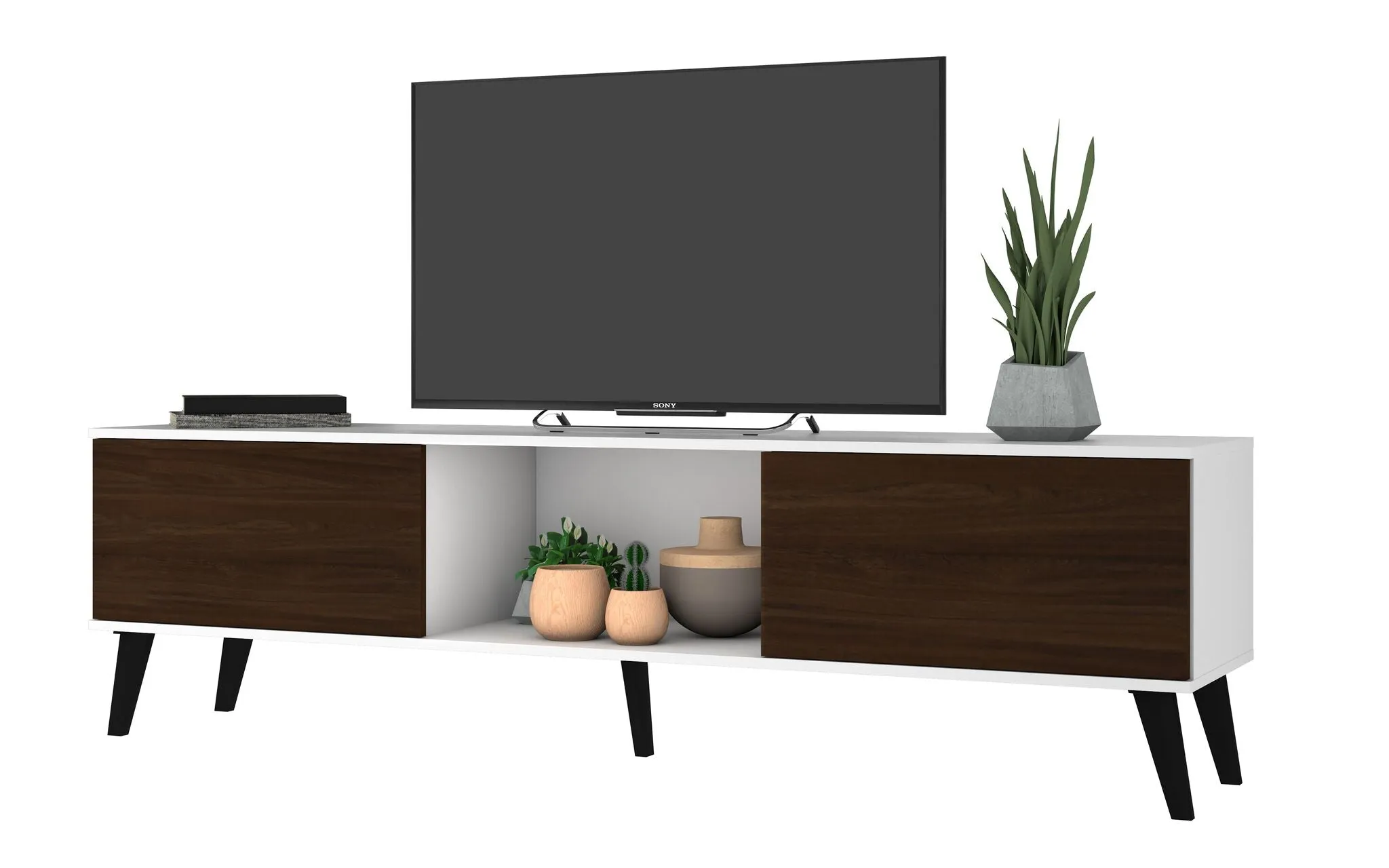Doyers 70.87 Mid-Century Modern TV Stand in White and Nut Brown