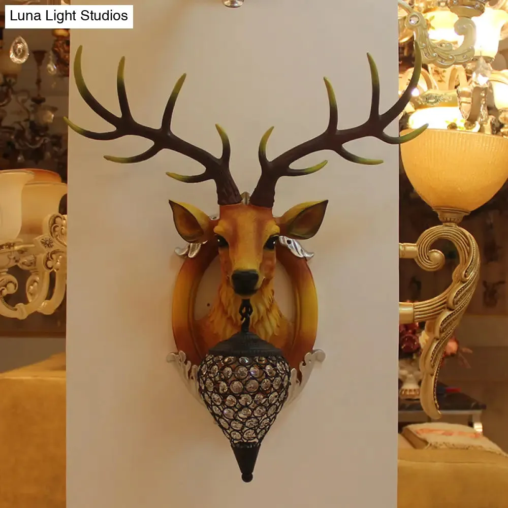 Farmhouse Style Brown Faux Deer Head Sconce Lamp - 16"/21" Wide, Wall Mounted with Crystal Shade