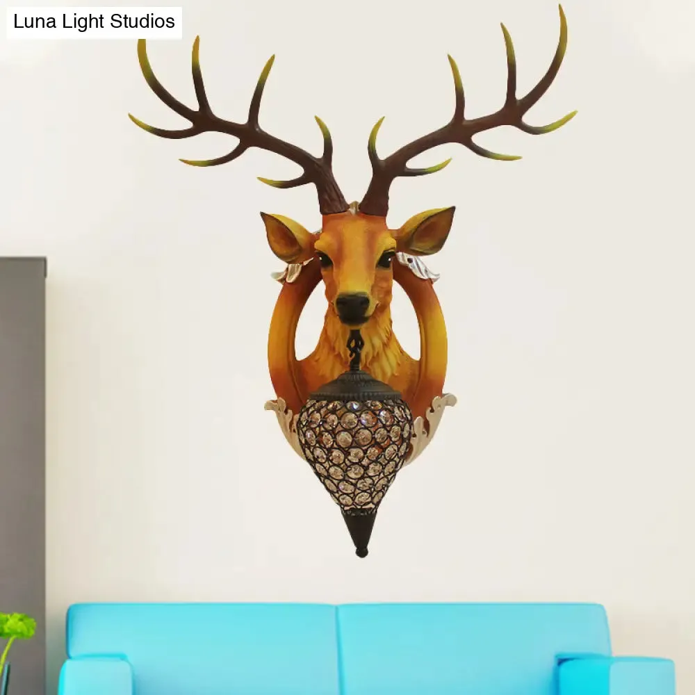 Farmhouse Style Brown Faux Deer Head Sconce Lamp - 16"/21" Wide, Wall Mounted with Crystal Shade