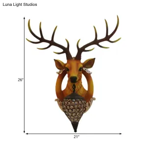 Farmhouse Style Brown Faux Deer Head Sconce Lamp - 16"/21" Wide, Wall Mounted with Crystal Shade