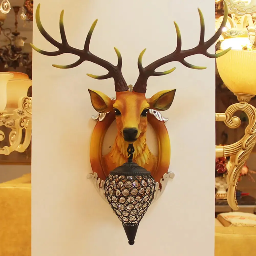 Farmhouse Style Brown Faux Deer Head Sconce Lamp - 16"/21" Wide, Wall Mounted with Crystal Shade