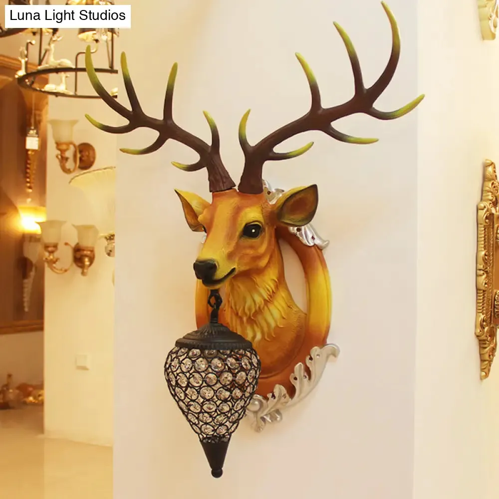 Farmhouse Style Brown Faux Deer Head Sconce Lamp - 16"/21" Wide, Wall Mounted with Crystal Shade
