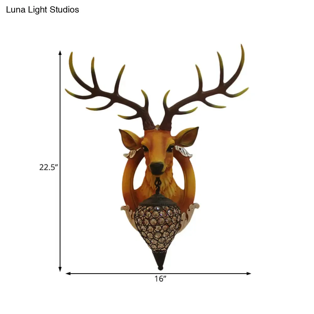 Farmhouse Style Brown Faux Deer Head Sconce Lamp - 16"/21" Wide, Wall Mounted with Crystal Shade