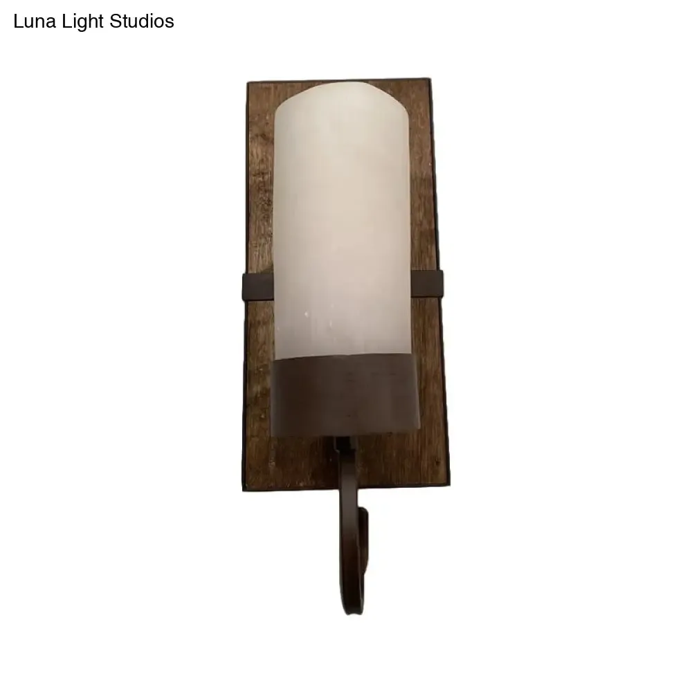 Farmhouse Wall Mounted Lamp: White Glass Cylinder Shade with Brown Finish