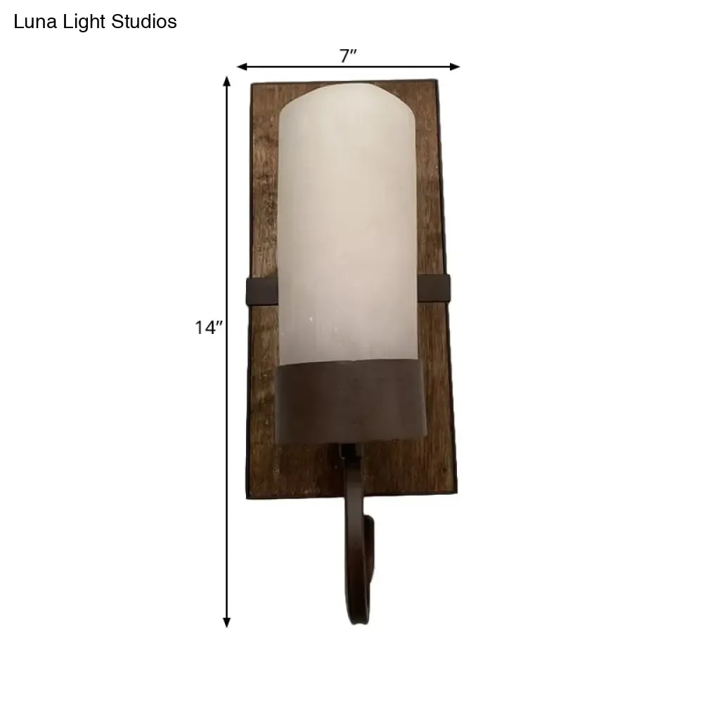 Farmhouse Wall Mounted Lamp: White Glass Cylinder Shade with Brown Finish