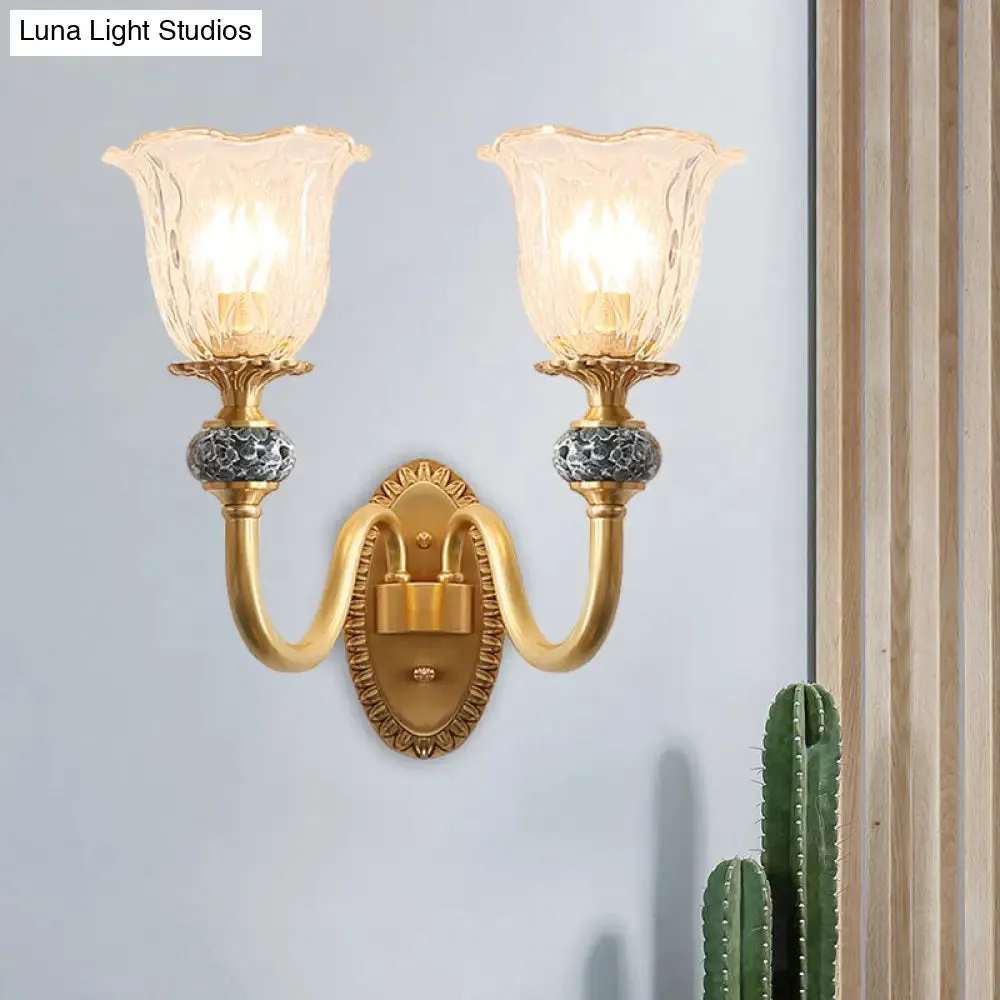 Floral Farmhouse Dining Room Wall Sconce - Clear Ribbed Glass, 6"/17" W, 2 Lights, Brass Finish