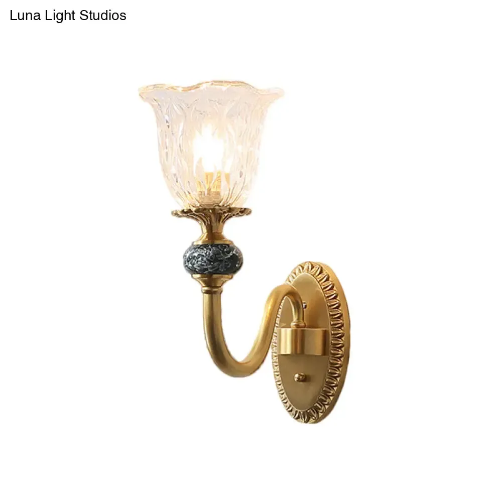 Floral Farmhouse Dining Room Wall Sconce - Clear Ribbed Glass, 6"/17" W, 2 Lights, Brass Finish