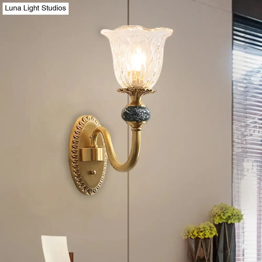 Floral Farmhouse Dining Room Wall Sconce - Clear Ribbed Glass, 6"/17" W, 2 Lights, Brass Finish