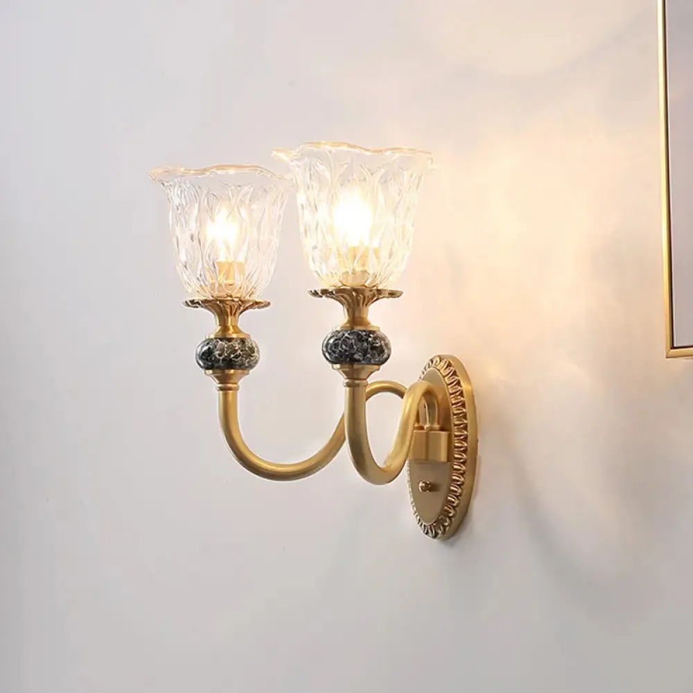 Floral Farmhouse Dining Room Wall Sconce - Clear Ribbed Glass, 6"/17" W, 2 Lights, Brass Finish
