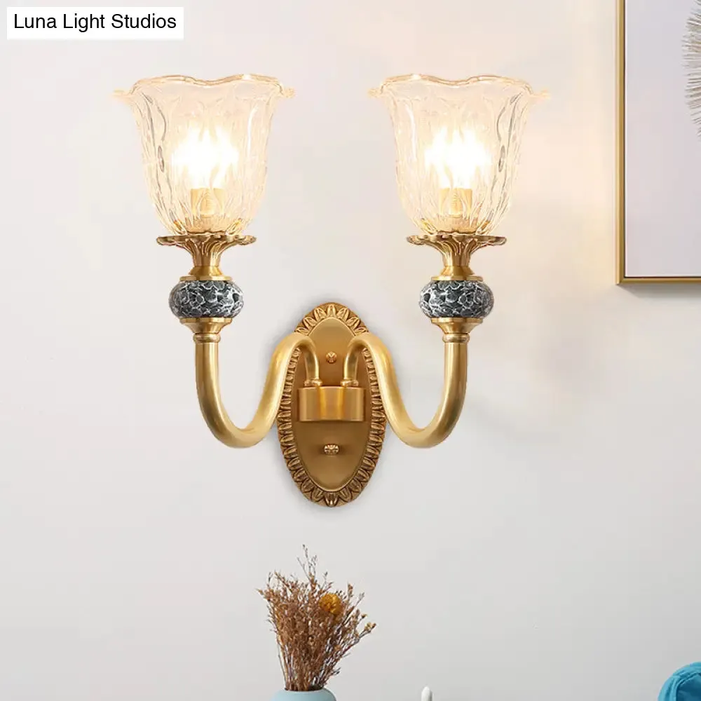 Floral Farmhouse Dining Room Wall Sconce - Clear Ribbed Glass, 6"/17" W, 2 Lights, Brass Finish