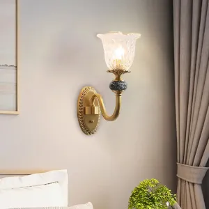 Floral Farmhouse Dining Room Wall Sconce - Clear Ribbed Glass, 6"/17" W, 2 Lights, Brass Finish