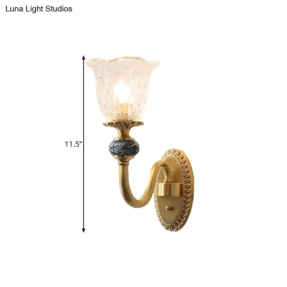 Floral Farmhouse Dining Room Wall Sconce - Clear Ribbed Glass, 6"/17" W, 2 Lights, Brass Finish
