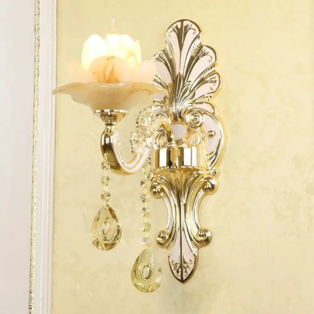 Flower Wall Sconce with Faux Jade Glass and Crystal Drops in Silver