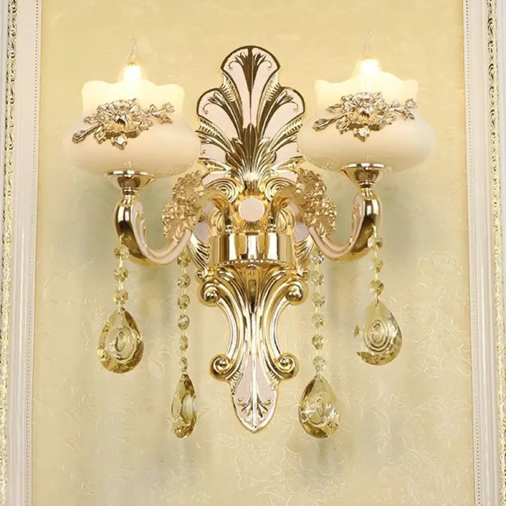 Flower Wall Sconce with Faux Jade Glass and Crystal Drops in Silver