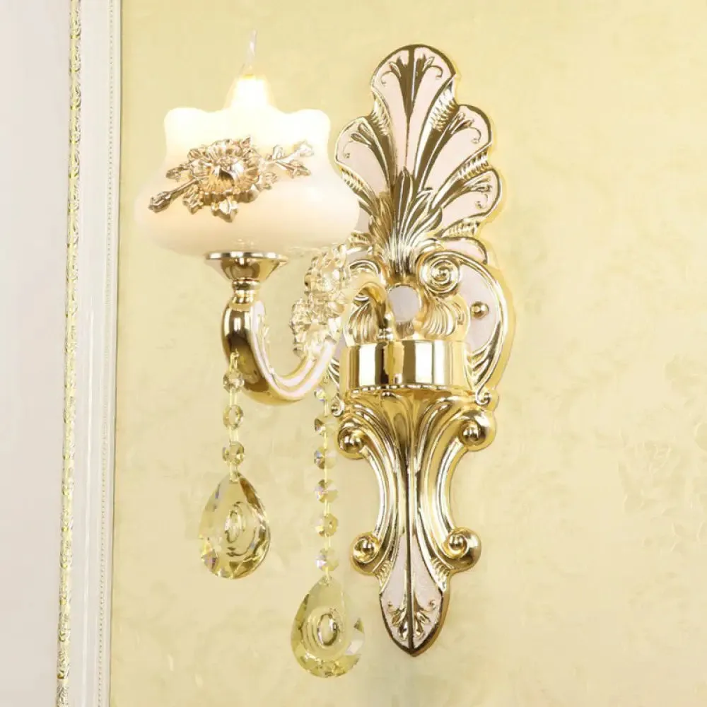 Flower Wall Sconce with Faux Jade Glass and Crystal Drops in Silver