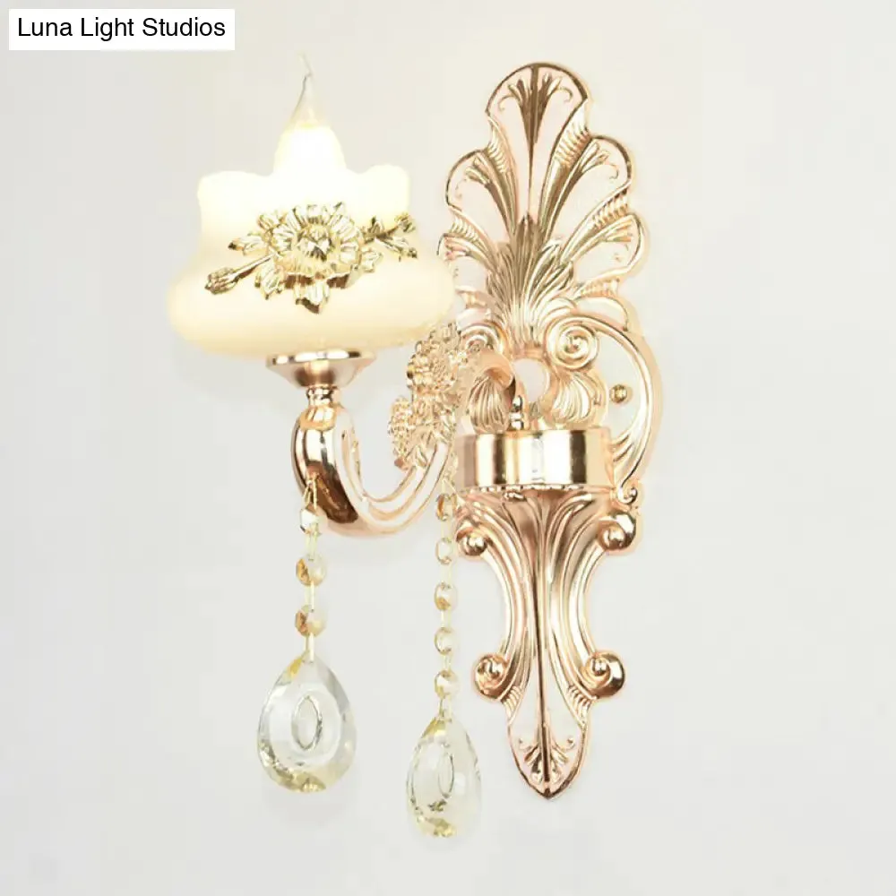 Flower Wall Sconce with Faux Jade Glass and Crystal Drops in Silver