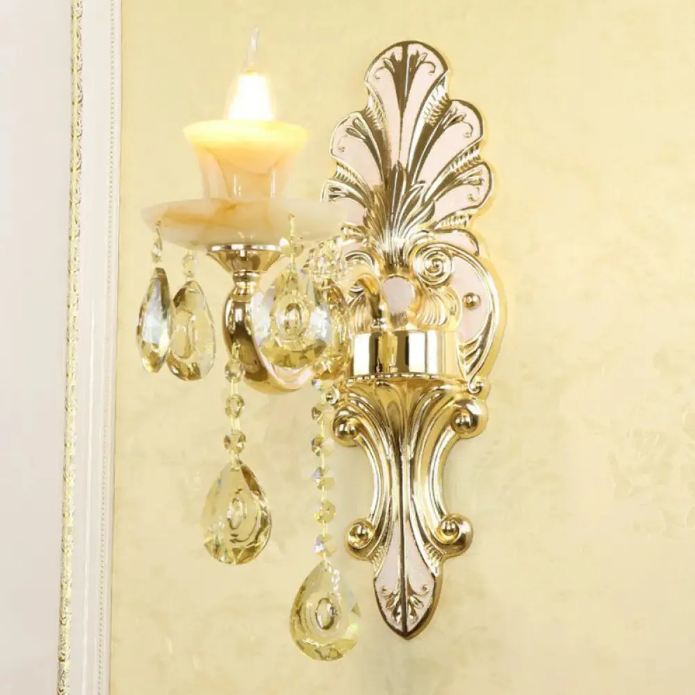Flower Wall Sconce with Faux Jade Glass and Crystal Drops in Silver