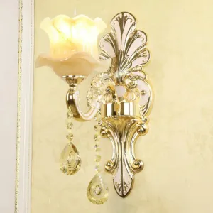 Flower Wall Sconce with Faux Jade Glass and Crystal Drops in Silver