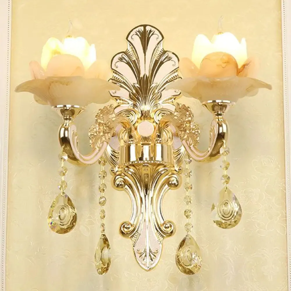 Flower Wall Sconce with Faux Jade Glass and Crystal Drops in Silver