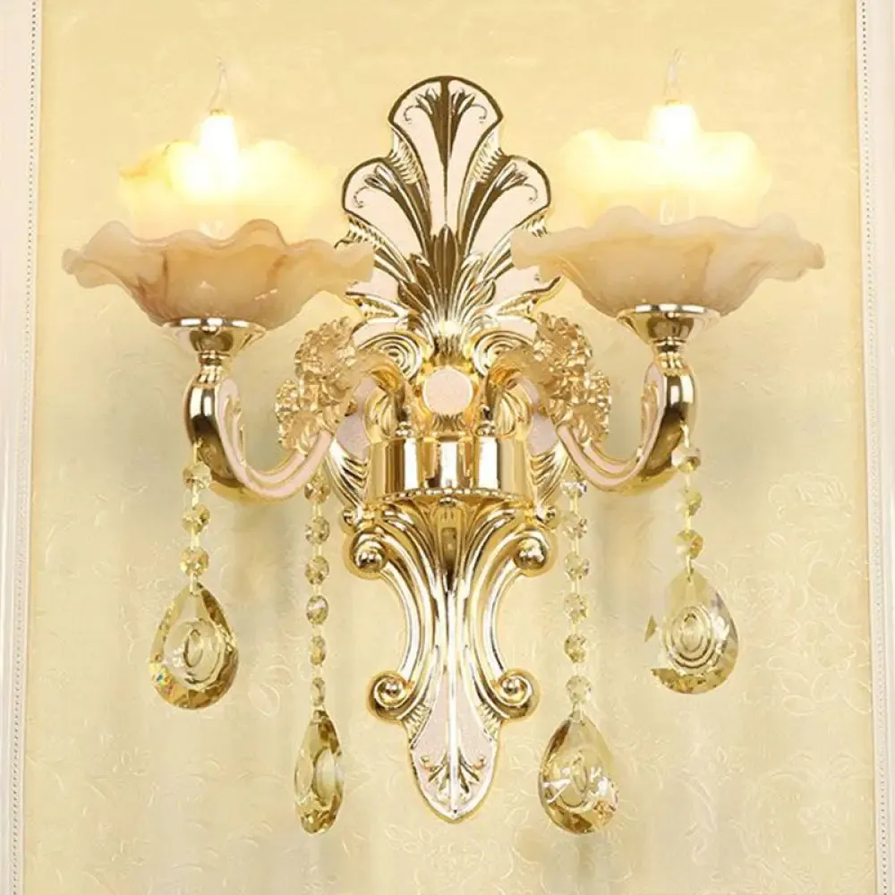Flower Wall Sconce with Faux Jade Glass and Crystal Drops in Silver