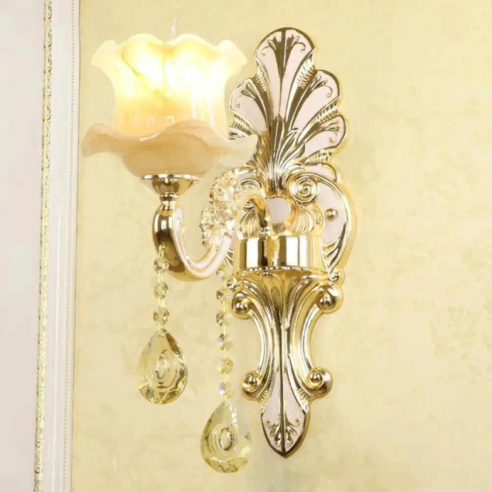 Flower Wall Sconce with Faux Jade Glass and Crystal Drops in Silver