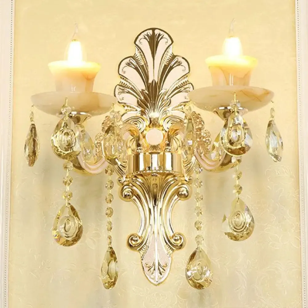 Flower Wall Sconce with Faux Jade Glass and Crystal Drops in Silver