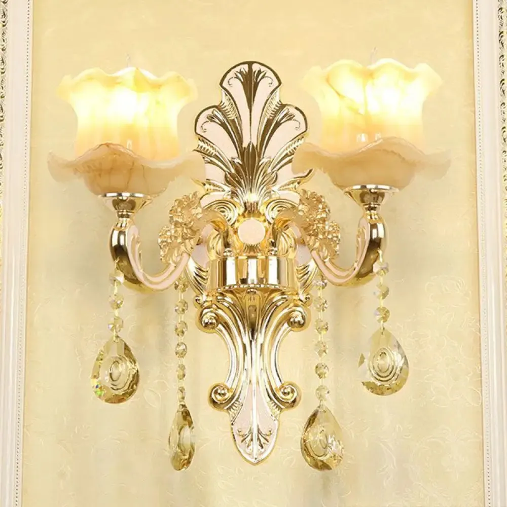 Flower Wall Sconce with Faux Jade Glass and Crystal Drops in Silver