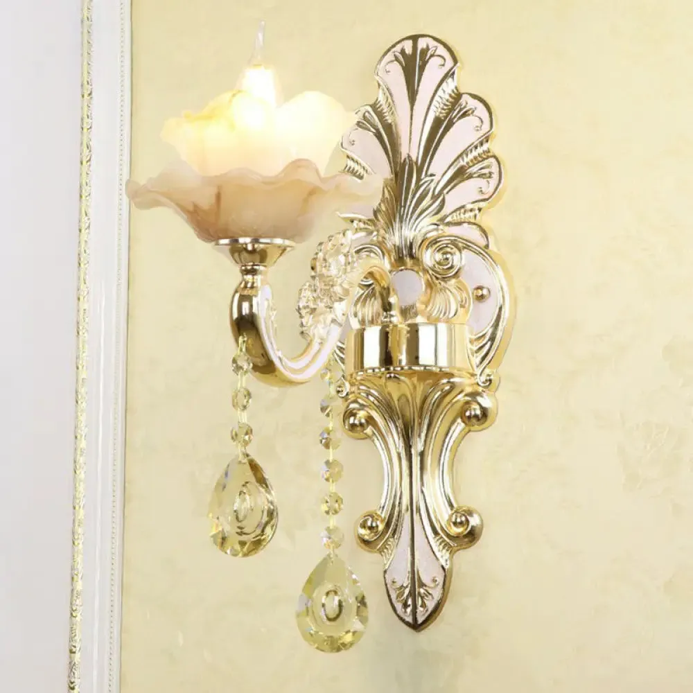 Flower Wall Sconce with Faux Jade Glass and Crystal Drops in Silver