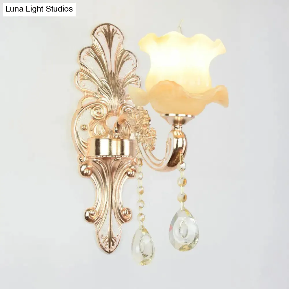 Flower Wall Sconce with Faux Jade Glass and Crystal Drops in Silver