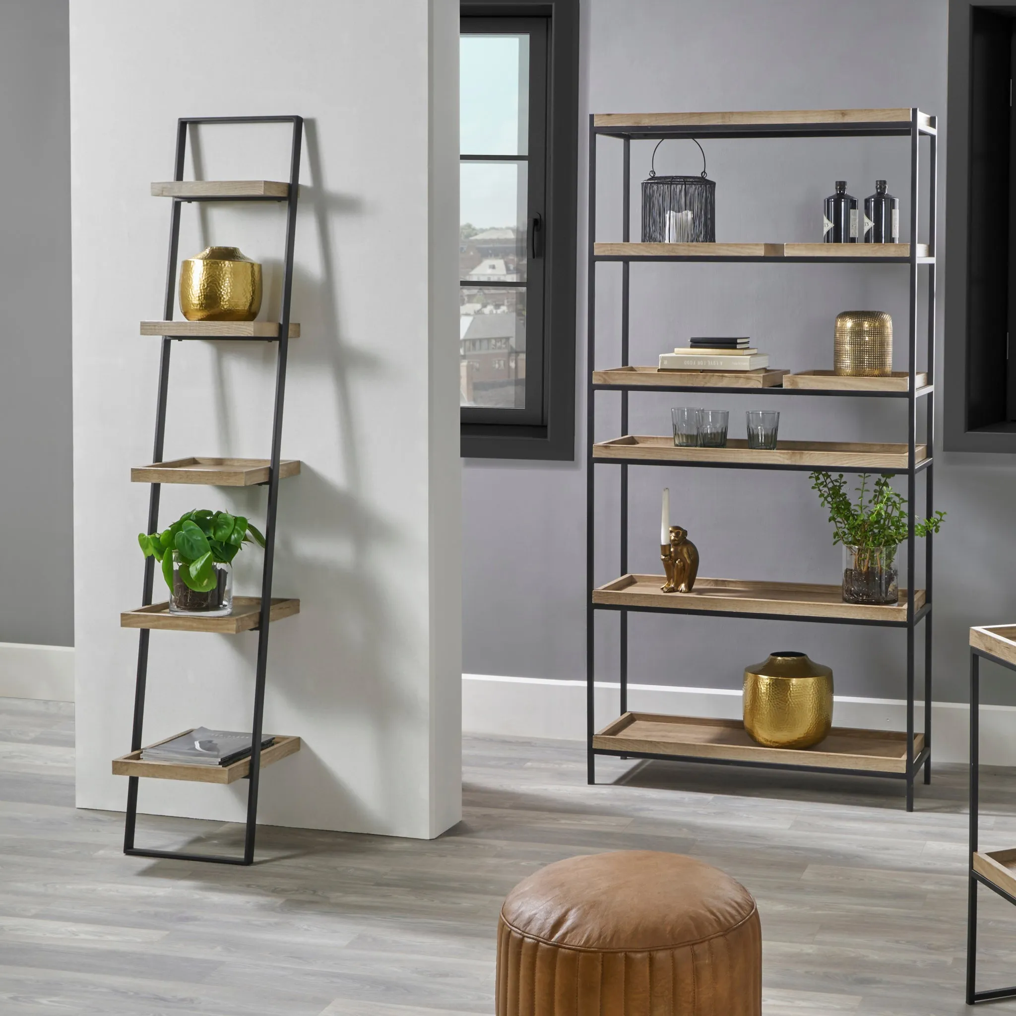 Gallery Natural Wood Veneer and Black Metal 5 Shelf Ladder Unit