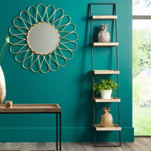 Gallery Natural Wood Veneer and Black Metal 5 Shelf Ladder Unit