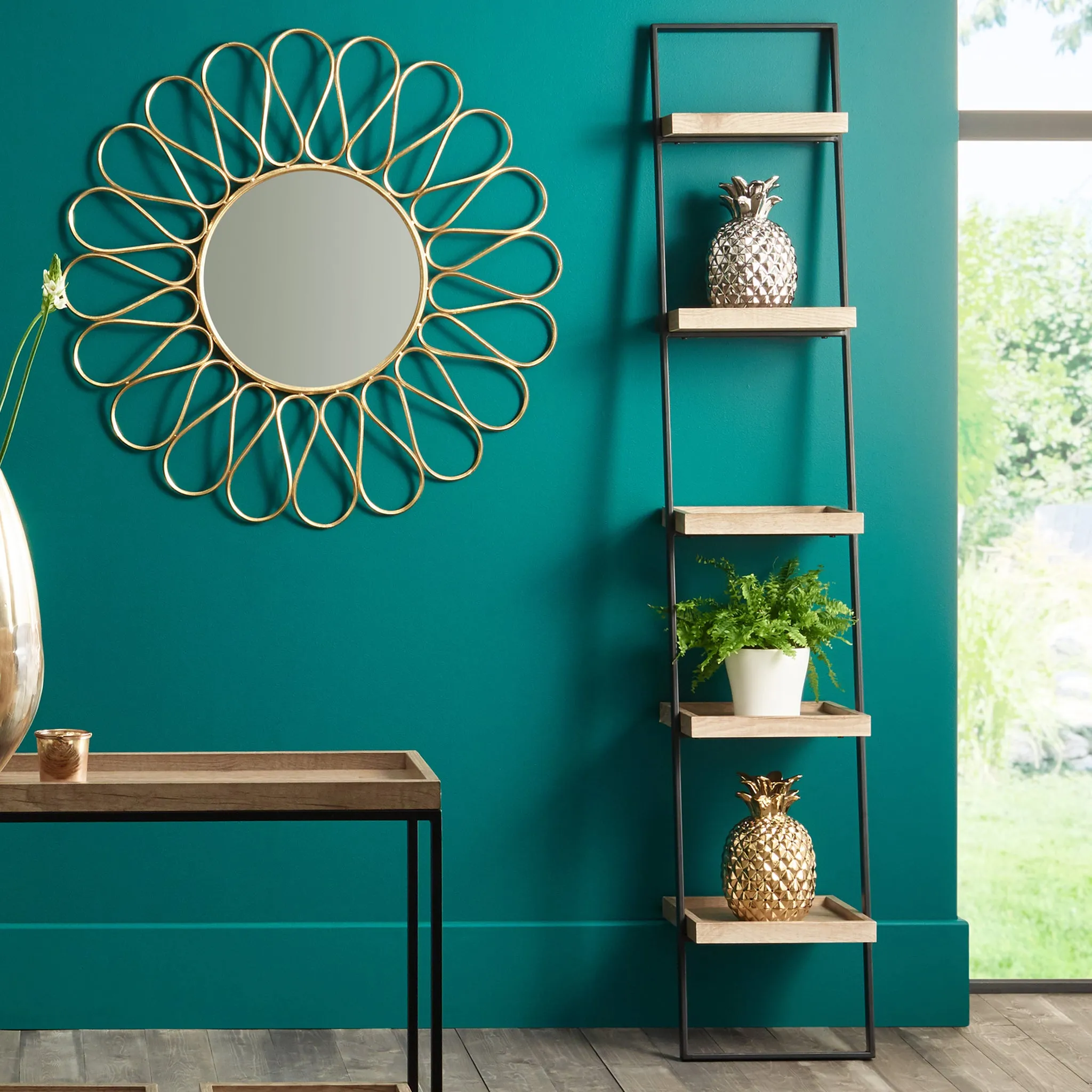 Gallery Natural Wood Veneer and Black Metal 5 Shelf Ladder Unit