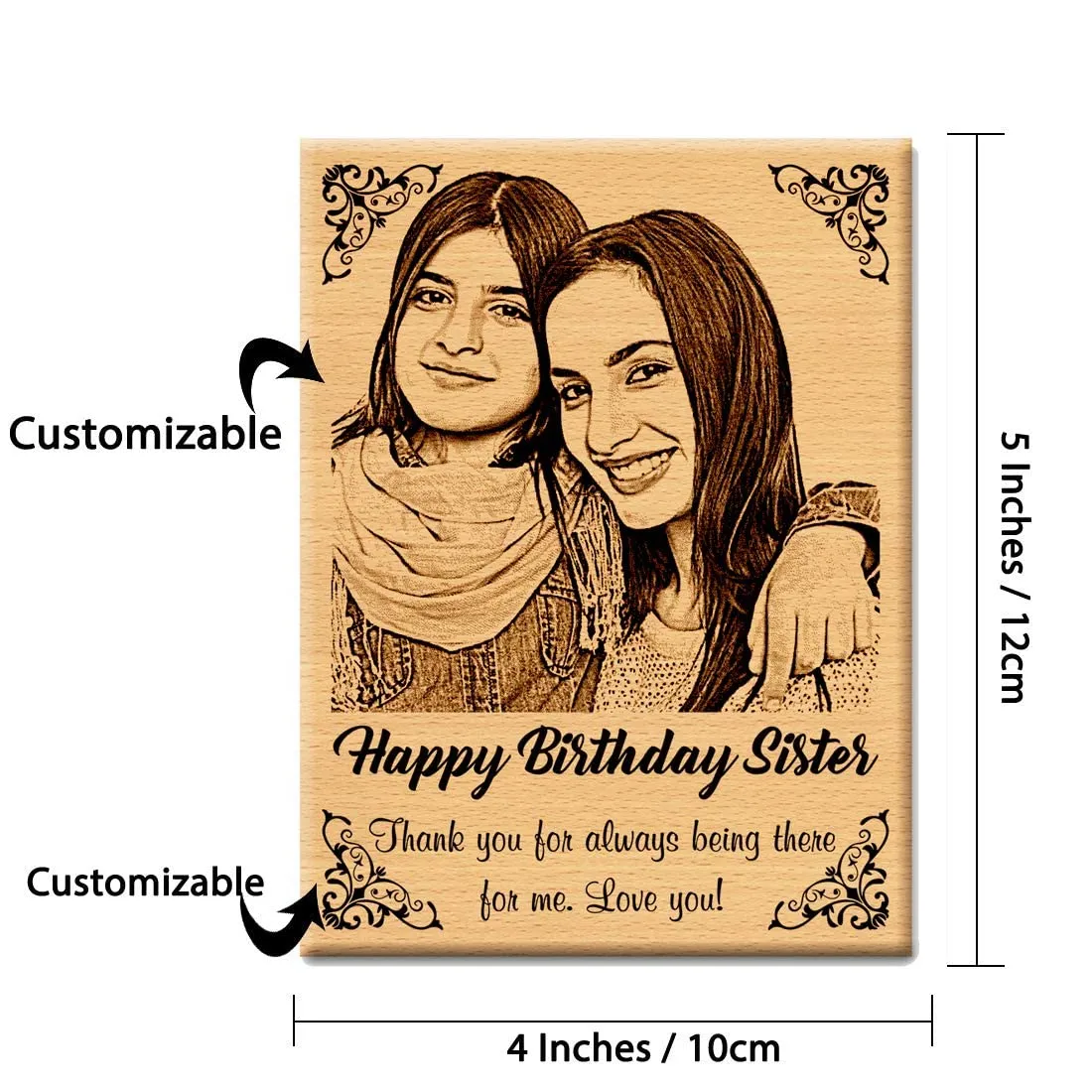 GFTBX Personalized Engraved Wooden Photo Frame For Sister (5x4 Inches, Wood), Tabletop Rectangular