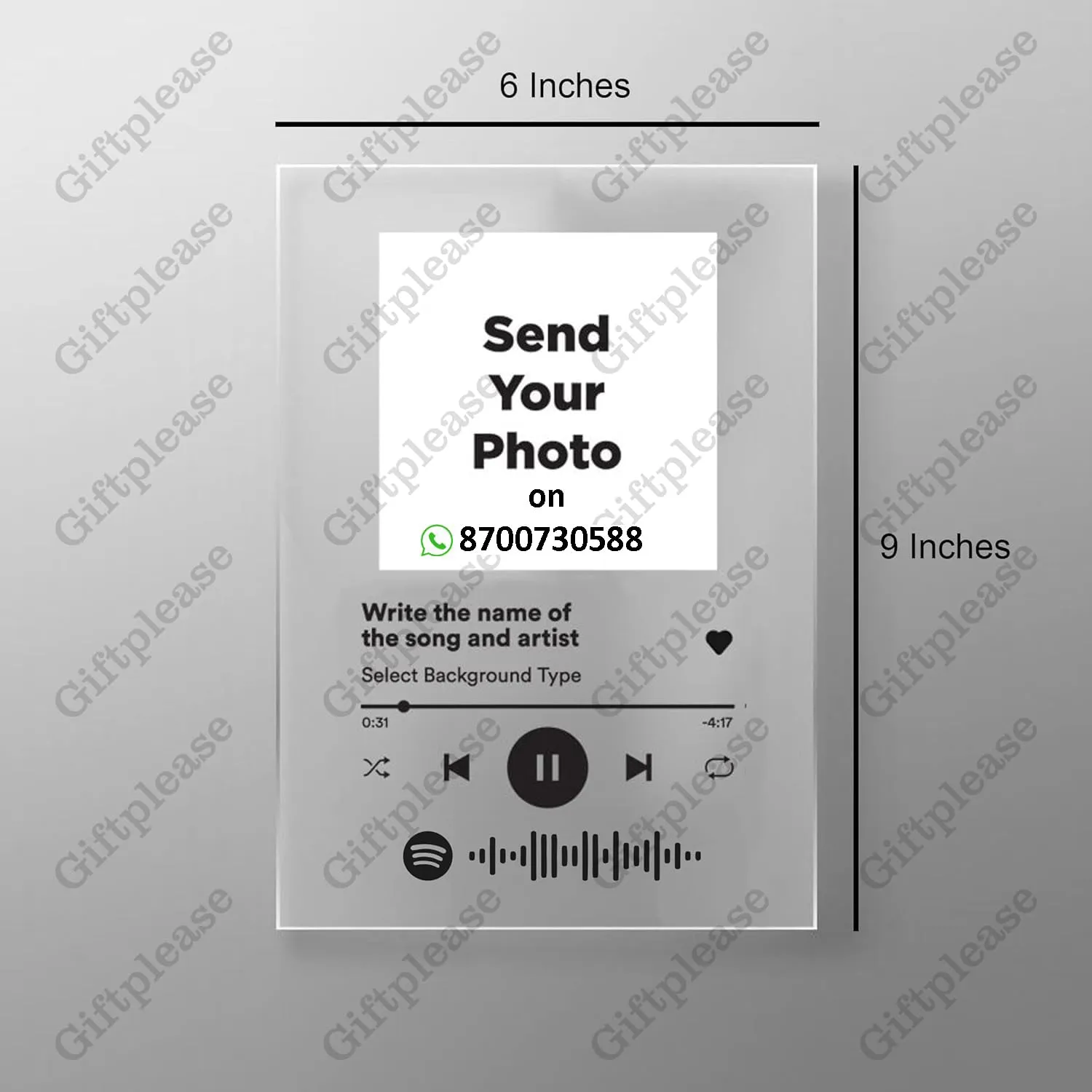 Giftplease Customized Photo and song Glass Spotify Plaque with wooden stand | Personalized Photo Music Frame with scannable code | Gift | Birthday | Anniversary (Transparent, 6 * 9 Inches)
