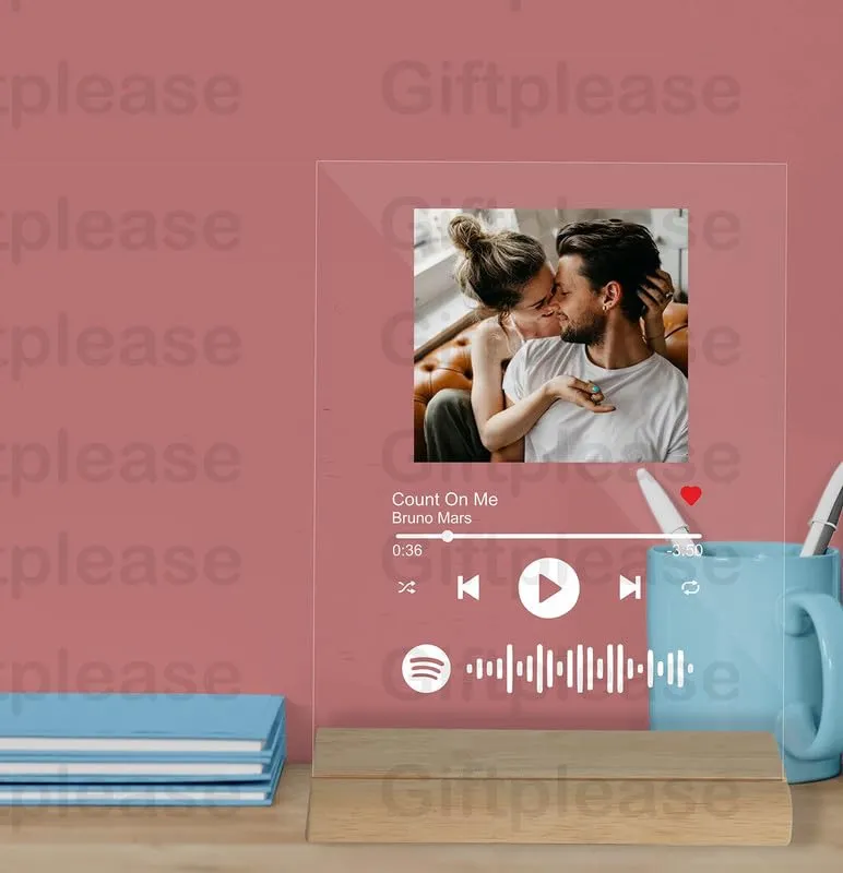 Giftplease Customized Photo and song Glass Spotify Plaque with wooden stand | Personalized Photo Music Frame with scannable code | Gift | Birthday | Anniversary (Transparent, 6 * 9 Inches)