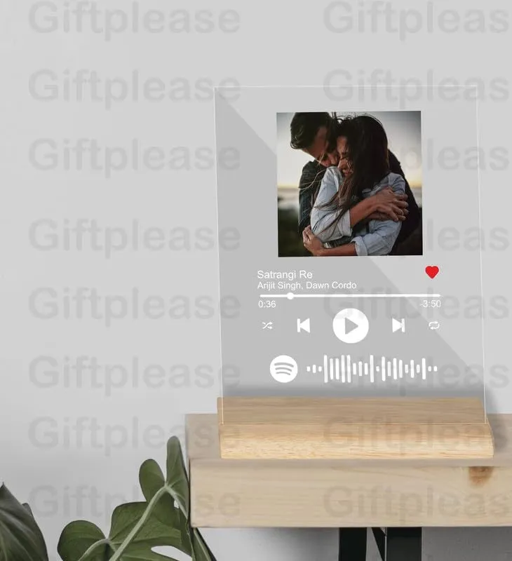 Giftplease Customized Photo and song Glass Spotify Plaque with wooden stand | Personalized Photo Music Frame with scannable code | Gift | Birthday | Anniversary (Transparent, 6 * 9 Inches)