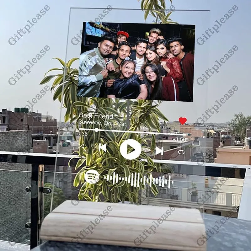 Giftplease Customized Photo and song Glass Spotify Plaque with wooden stand | Personalized Photo Music Frame with scannable code | Gift | Birthday | Anniversary (Transparent, 6 * 9 Inches)