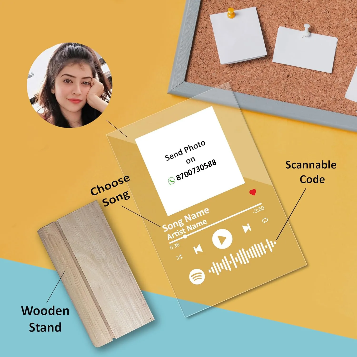 Giftplease Customized Photo and song Glass Spotify Plaque with wooden stand | Personalized Photo Music Frame with scannable code | Gift | Birthday | Anniversary (Transparent, 6 * 9 Inches)