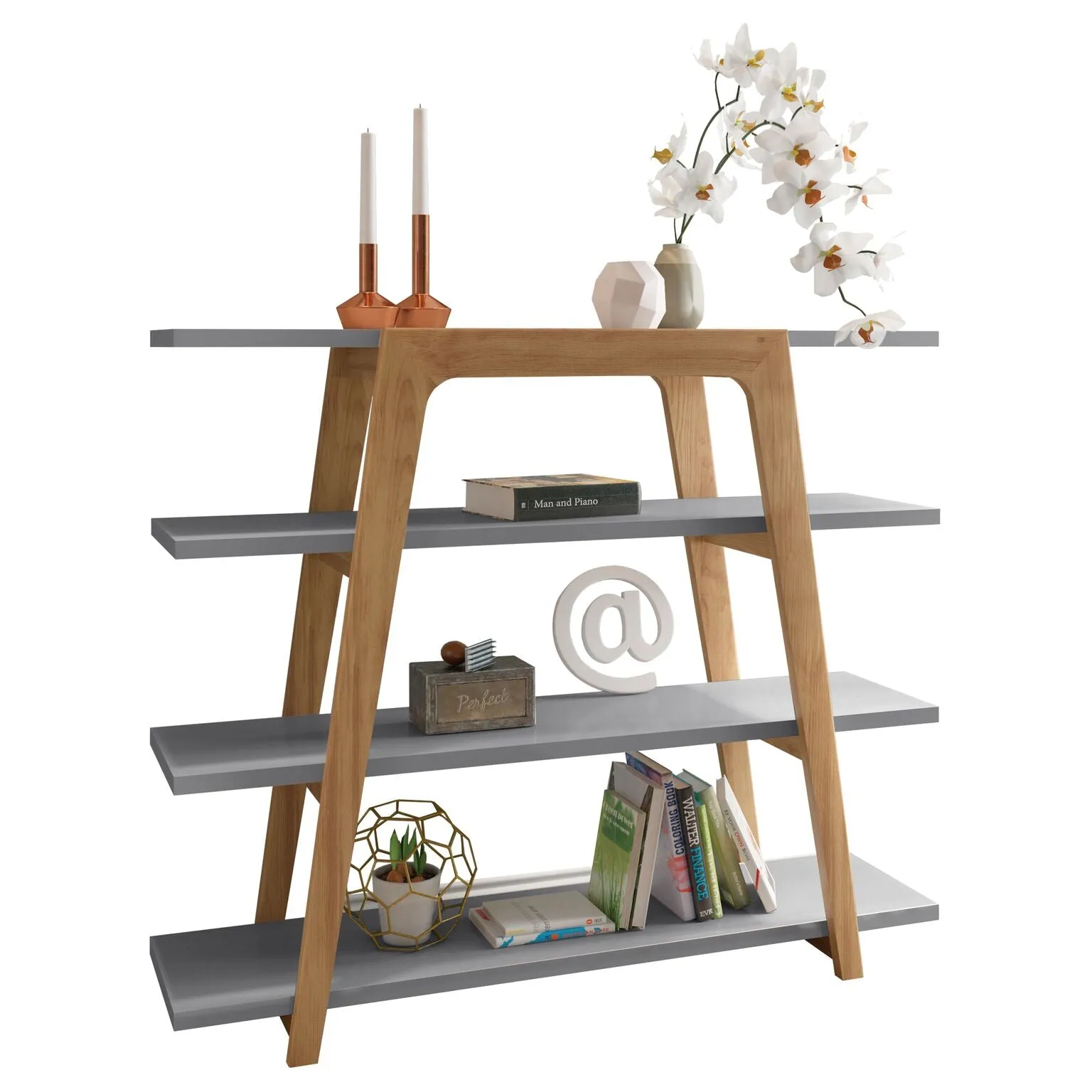 Gowanus Geometric 47.24 Modern Ladder Bookcase with 4 Shelves in Grey