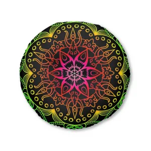 Hand Drawn Mandala Art Round Tufted Floor Cushion - Flower colors on Black background