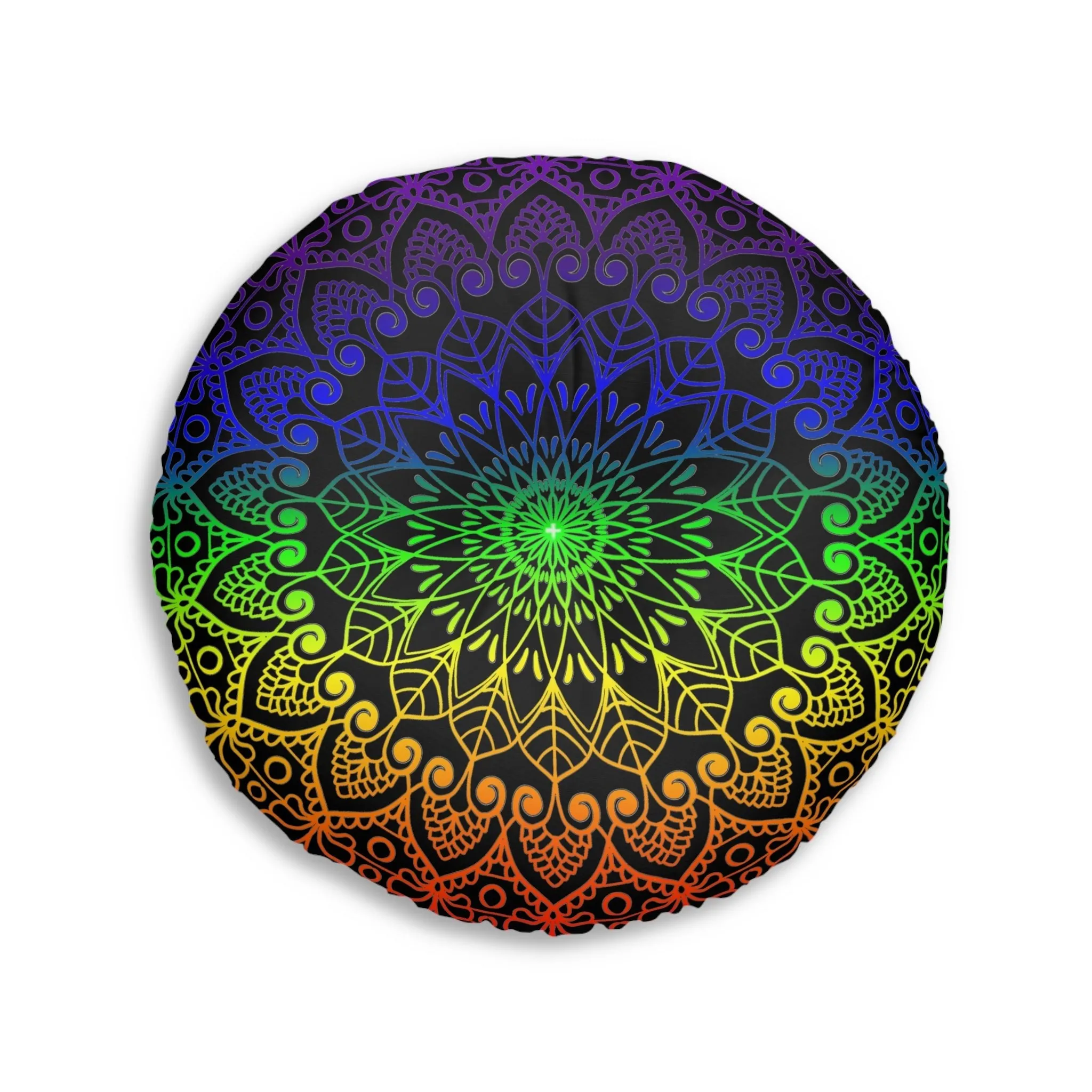 Handmade Mandala Art Floor Cushion - Rainbow on Black - Round