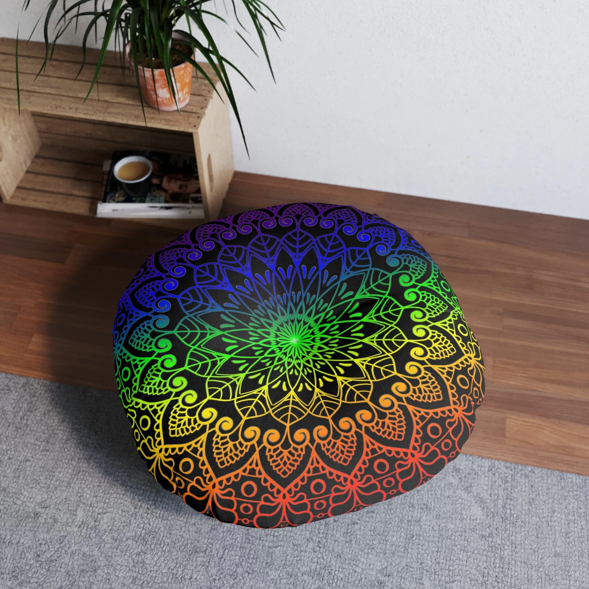 Handmade Mandala Art Floor Cushion - Rainbow on Black - Round