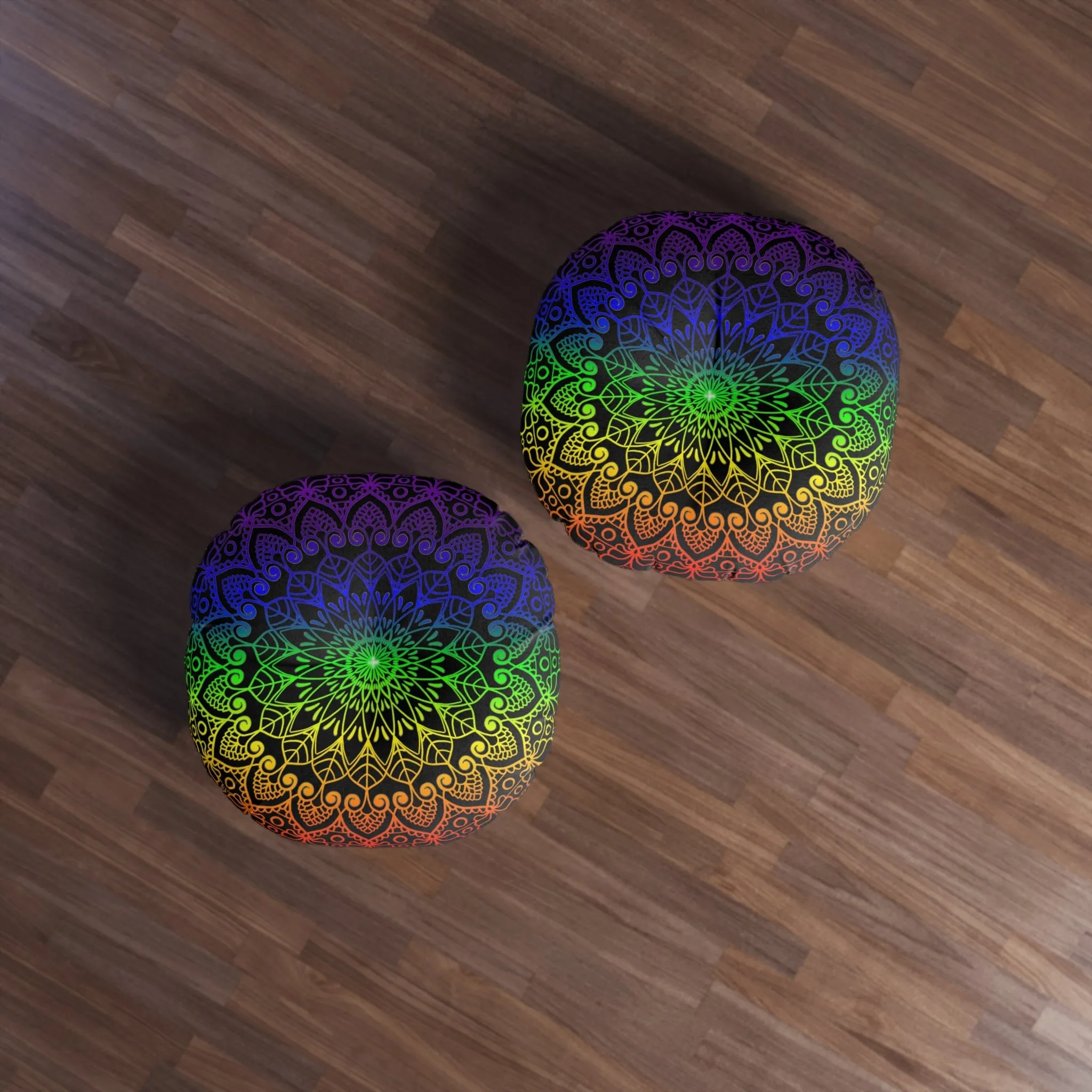 Handmade Mandala Art Floor Cushion - Rainbow on Black - Round