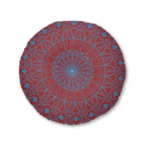 Handmade Mandala Art Floor Cushion - Steel Blue on Brown - Tufted Round