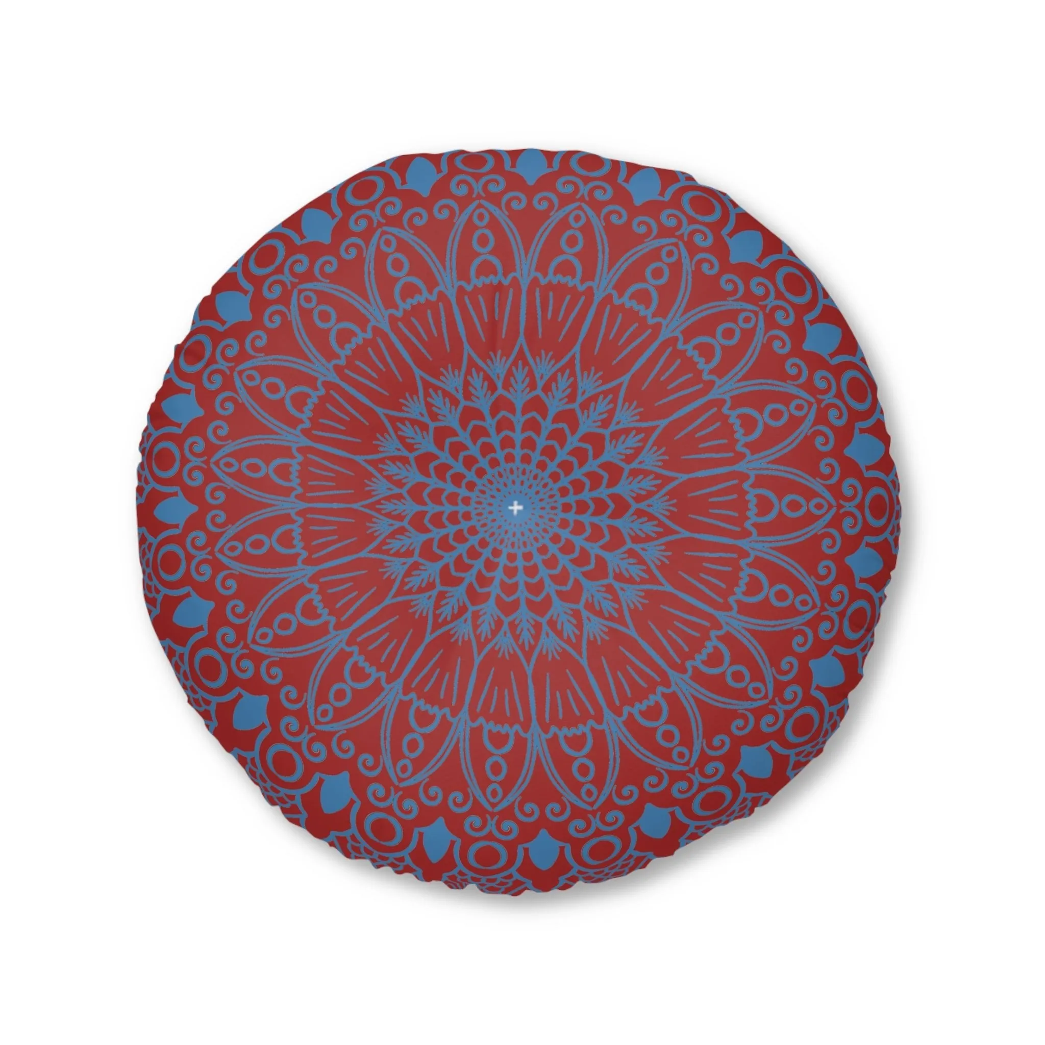 Handmade Mandala Art Floor Cushion - Steel Blue on Brown - Tufted Round