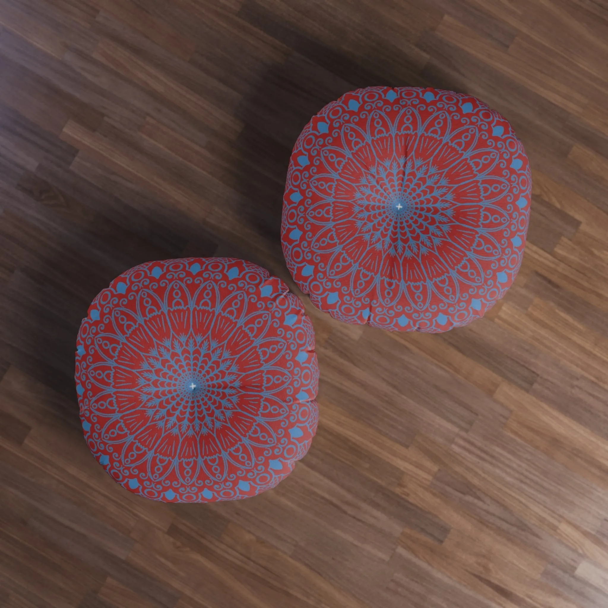 Handmade Mandala Art Floor Cushion - Steel Blue on Brown - Tufted Round