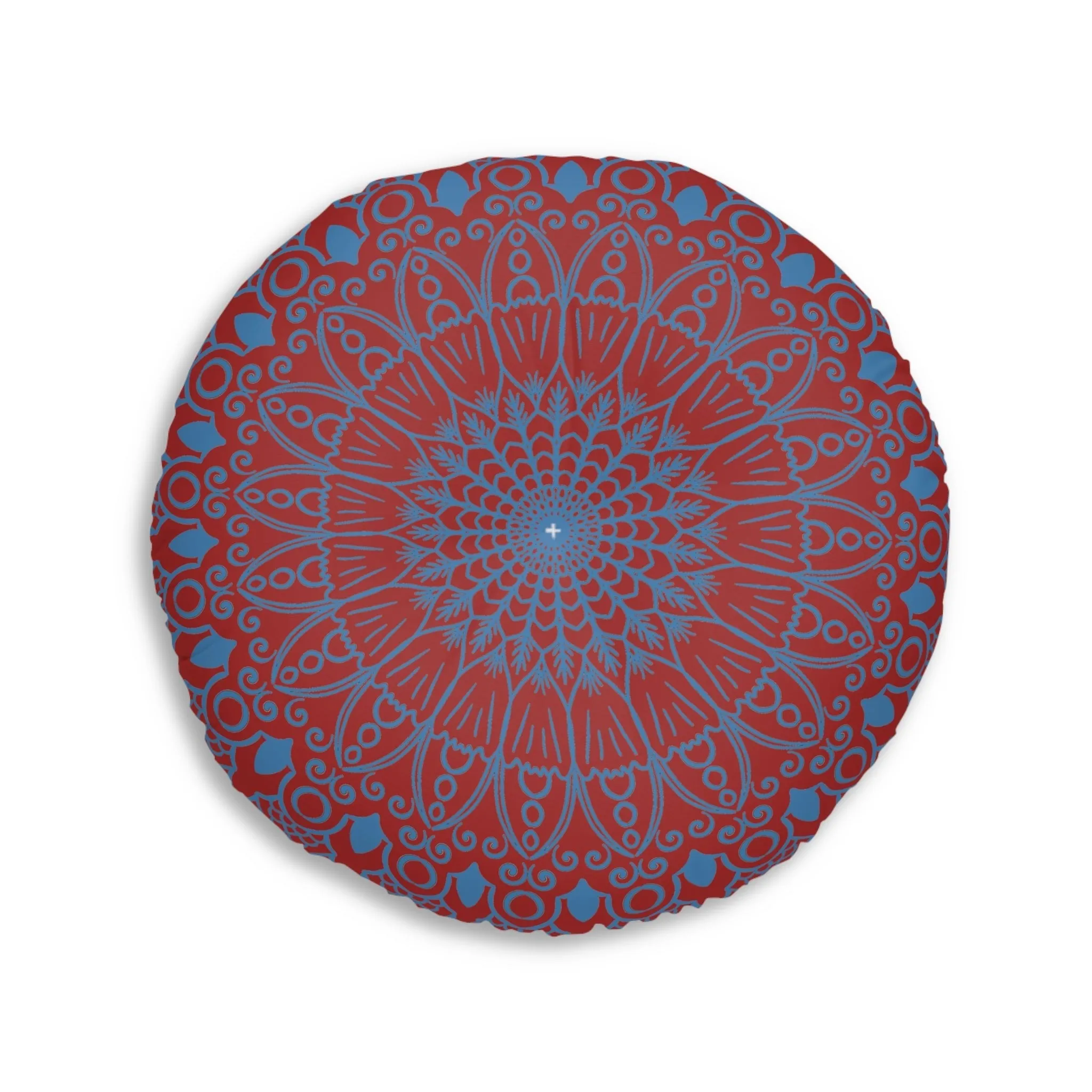 Handmade Mandala Art Floor Cushion - Steel Blue on Brown - Tufted Round