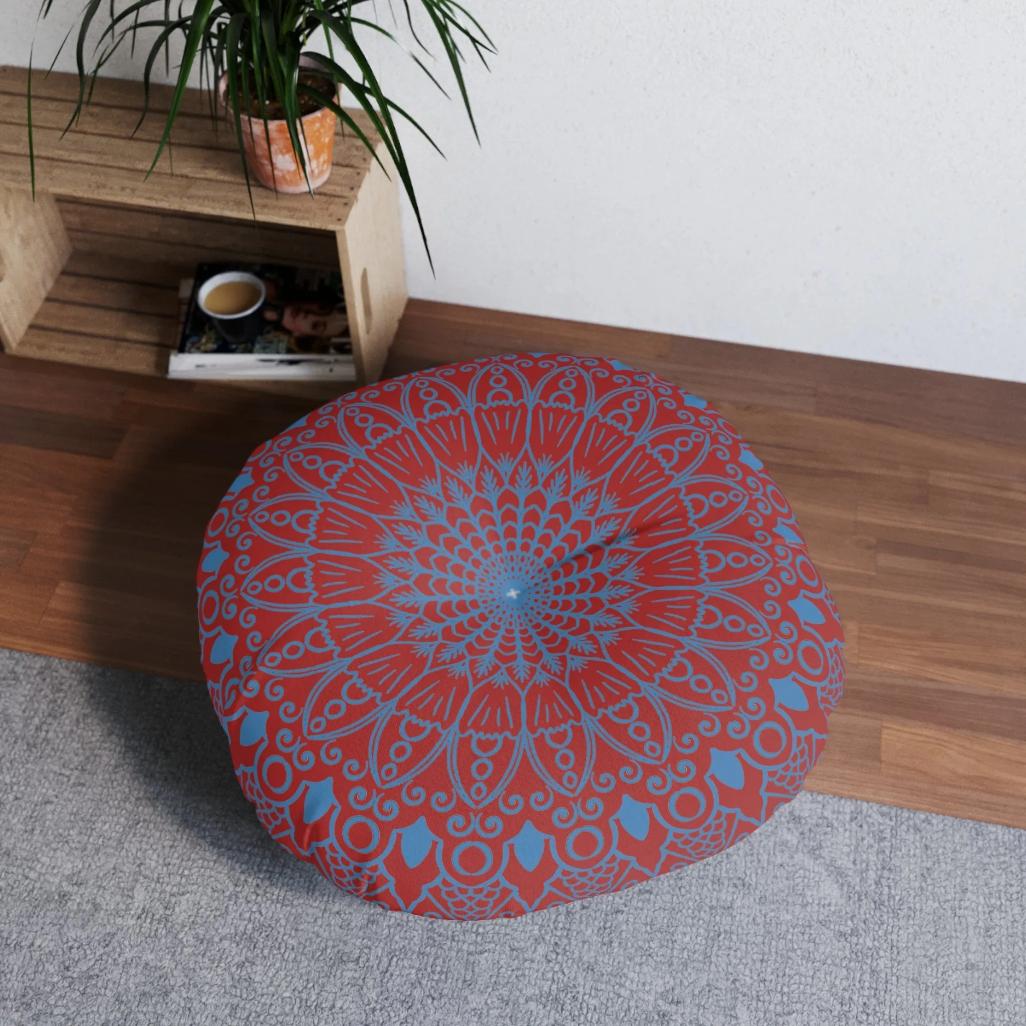 Handmade Mandala Art Floor Cushion - Steel Blue on Brown - Tufted Round