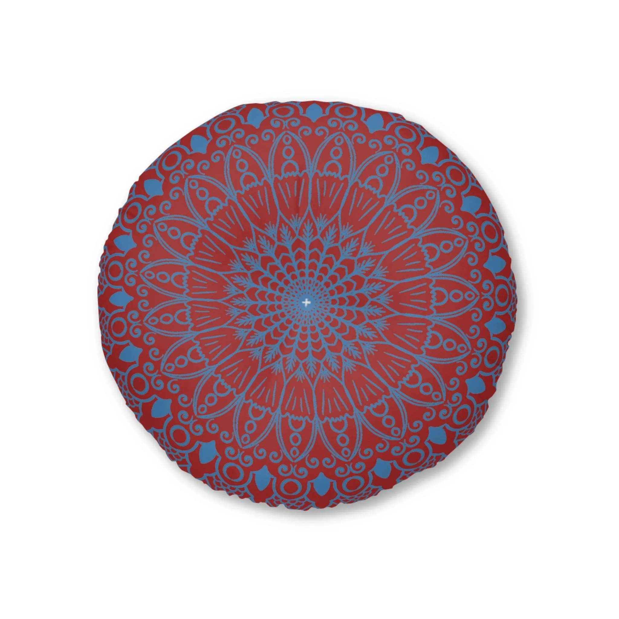 Handmade Mandala Art Floor Cushion - Steel Blue on Brown - Tufted Round